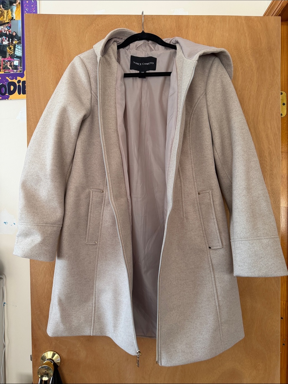 Vince Camuto Light Taupe Hooded Wool-Blend Trench Coat